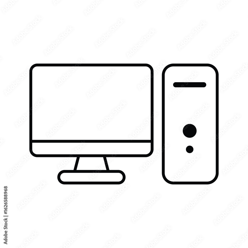 Black Outline Desktop PC Icon on White Background Black Outline Desktop PC Icon on White Background
