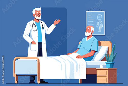 Doctor consulting with an elderly patient in a hospital bed. Vector illustration.