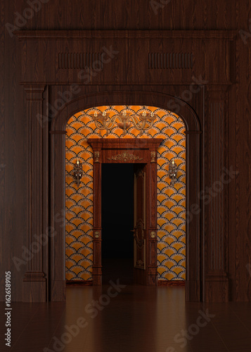 Classic 3D Rendering of an Elegant Door Entrance in Timeless Architecture Style, Featuring Ornate Details, Columns and Refined Interior Design for Luxury Real Estate or Historical Projects