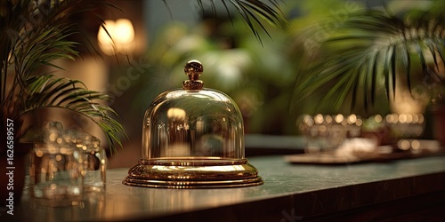 Ornate brass cloche on a marble countertop, amidst lush greenery
