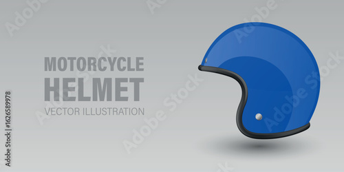 Vector 3D Realistic Blue Classic Vintage Open-Face Motorbike Helmet. Glossy Motorcycle Helmet Design Template for Mockup. Side View. Motorcycle Helmet Icon, Closeup, Isolated