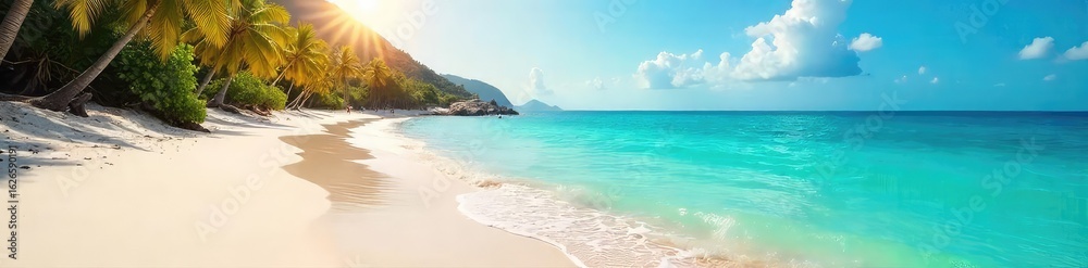 Fototapeta premium Sun-drenched beach scene with turquoise water lapping gently at the shore, sparkling under a clear summer sky Perfect for travel, vacation, and summer themes , sea breeze, summer, coast