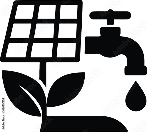 Silhouette solar panel and water tap sustainable energy vector Illustrator