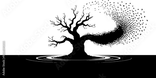 Vector art of silhouette of a tree with branches dissolving into a flock of birds