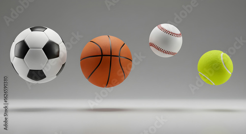 Set of Floating Sports Balls Isolated on Gray Background