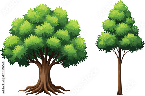 Pair of stylized green trees with distinct shapes and trunks, perfect for game design, educational visuals, landscaping illustrations, or animation backgrounds