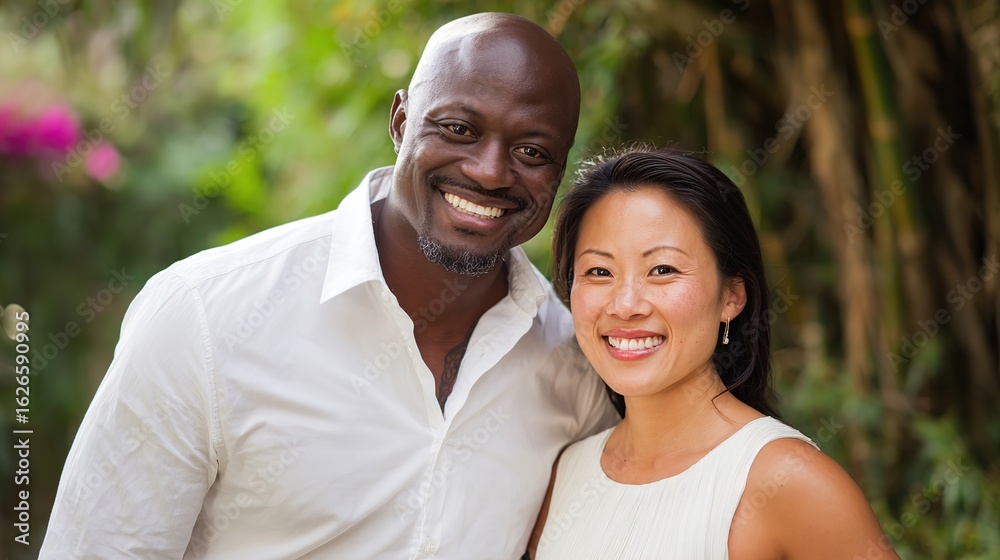 Multiethnic couple sharing a warm moment, natural background blurred with soft side light. Multiethnic couple sharing a warm moment, natural background blurred with soft side light.