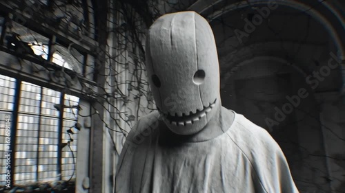 A hunched ghost figure no face wall, glitching step asylum corridor overgrown dark vines. stitched mouth hollow eyes. Abandoned gothic horror, psychological dread, eerie visuals, grainy soft focus