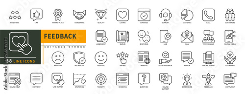 Minimalist Feedback line icons set with editable stroke, featuring five stars, like, award place, handshake, quality, negative, reliability, comment, statistics, target, cal. thin linear illustration.