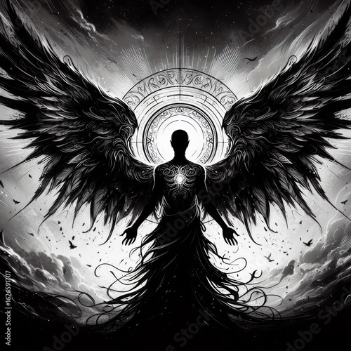 Mysterious winged figure emerges from ethereal light, embodying freedom and power.