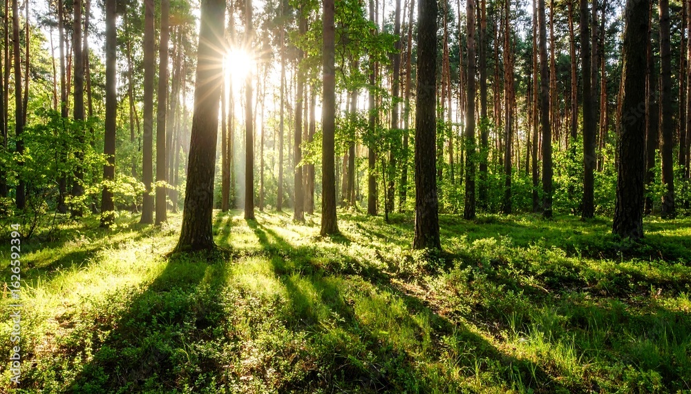 Obraz premium Sunlight streams through a dense forest