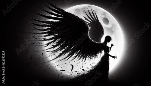 Mysterious winged figure emerges from ethereal light, embodying freedom and power.