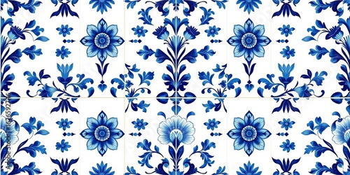 Elegant Delft blue floral pattern, seamless vintage Dutch tile design, Delftware,  retro