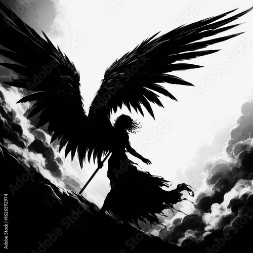 Mysterious winged figure emerges from ethereal light, embodying freedom and power.