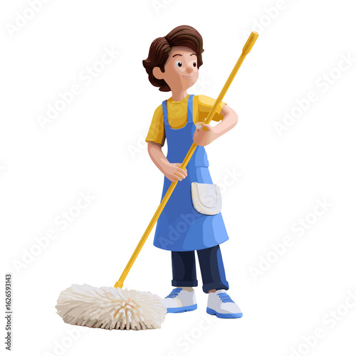A cartoon cleaning woman holding a mop in hands.