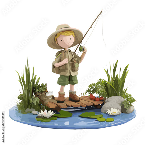 A young fisherman fishing with a fishing rod.