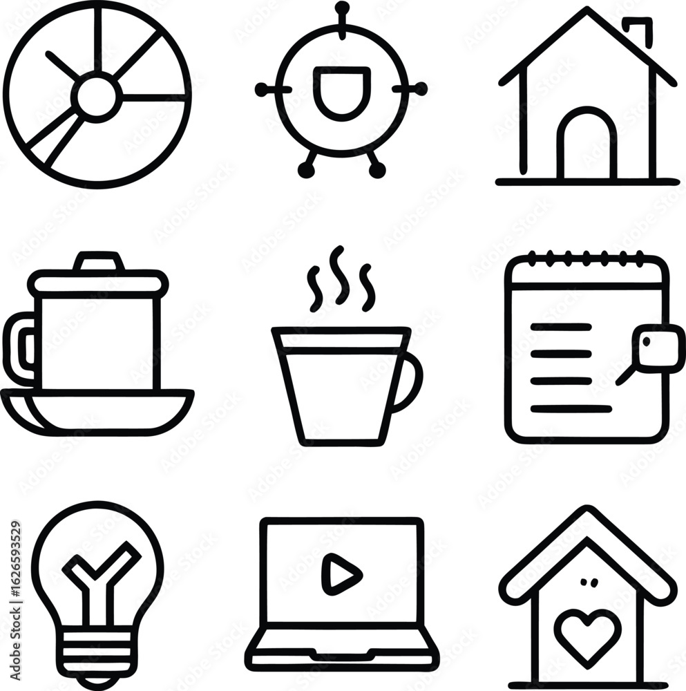 Unique collection of black outline icons for various items and concepts versatile for digital and print design Unique collection of black outline icons for various items and concepts versatile for digital and print design