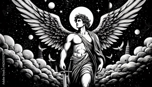 A majestic winged angel, a powerful divine figure with white lines on a black background.