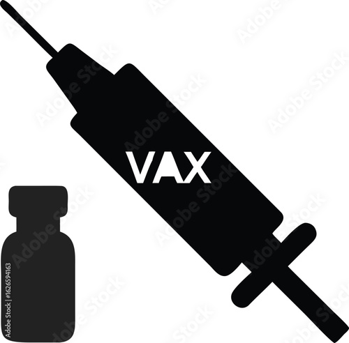 Black silhouette of syringe and vial with VAX text