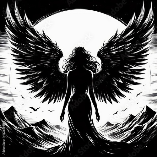 Mysterious winged figure emerges from ethereal light, embodying freedom and power.