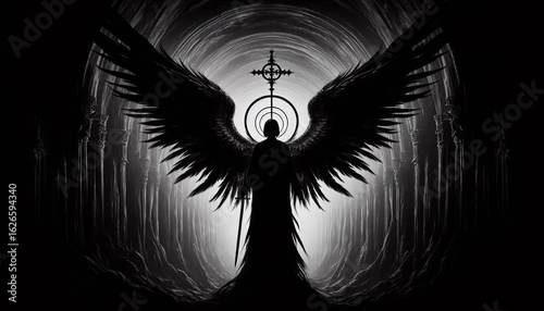 Mysterious winged figure emerges from ethereal light, embodying freedom and power.