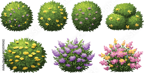 Set of blooming garden bushes with yellow, purple, and pink flowers, perfect for landscape design, gardening illustrations, spring themes, or decorative scenes