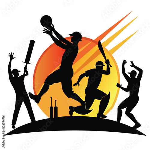 Dynamic silhouette illustration of a cricket player in action