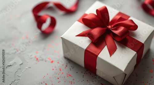 A simple background featuring a gift box with a red bow, suitable for holiday marketing and promotion posters, product detail pages, illustrations for customer appreciation letters, etc.
