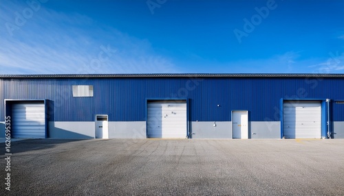 exterior a blue industrial warehouse dock station exterior with blue metal cladding and white garage door commercial storehouse building business unit cargo factory distribution logistic business