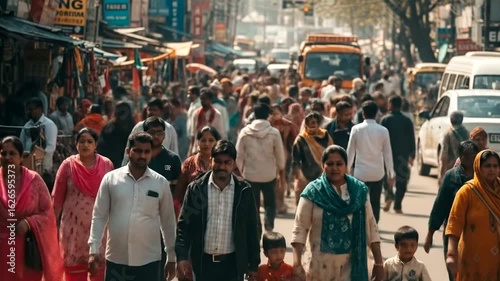 Ai generated a bustling street scene in an indian city with a large crowd of people walking and shopping in a busy market, capturing urban life and commerce 4k video