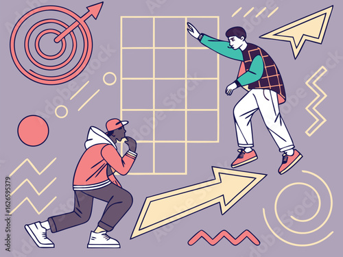 Businessman in a suit runs up a vector arrow while other men play sports like football and basketball, with a skateboarder and skier nearby
