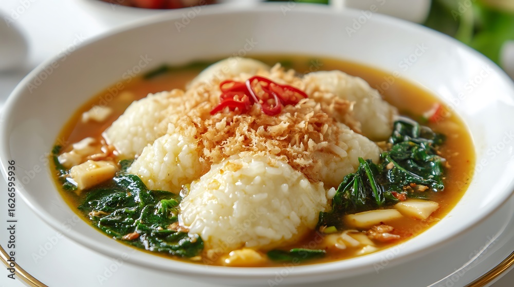Hearty rice balls in flavorful broth garnished with chili and crispy shallots delicacy Hearty rice balls in flavorful broth garnished with chili and crispy shallots delicacy