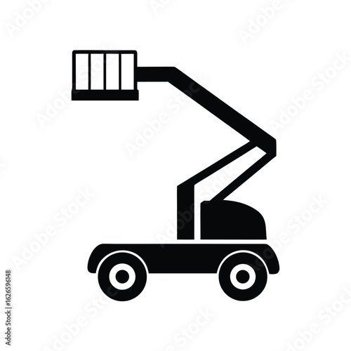 Black silhouette of a boom lift with a basket and multiple bars on a white background aerial work platform