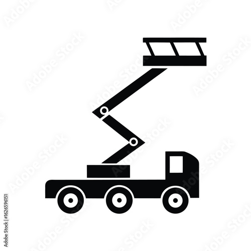 Black silhouette icon of a truck-mounted boom lift with a platform on a white background aerial work platform