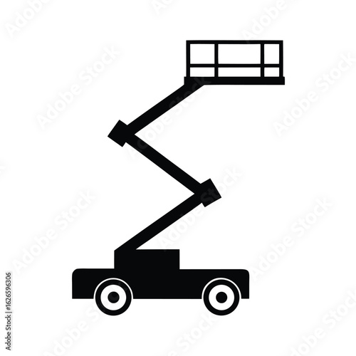 Black silhouette of a boom lift with a zig-zag articulated arm on a white background aerial work platform