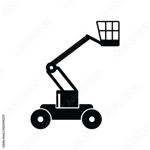 Black silhouette of a mobile boom lift with a basket on a white background aerial work platform