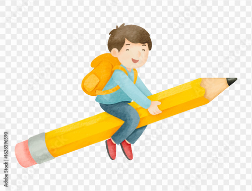 Watercolor boy riding a pencil in creative school style vector.