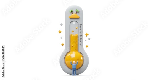 The Savings Goal Thermometer: A person stands before a large thermometer with rising golden liquid, aiming for a tropical island represented at the top, illustrating financial progress.