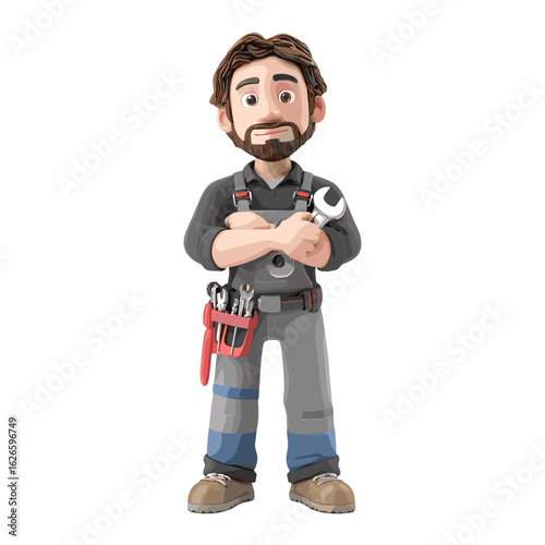 An illustration of a skilled mechanic in work attire holding a wrench.