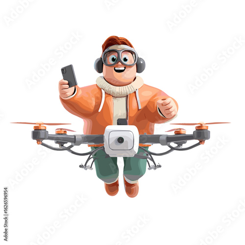 A cartoon person taking a selfie while controlling a drone.