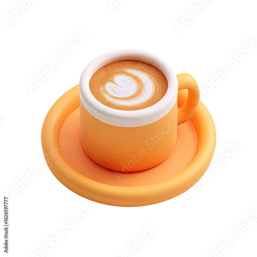 A stylized, 3D rendered, light orange coffee cup, with a latte art design.  A matching saucer