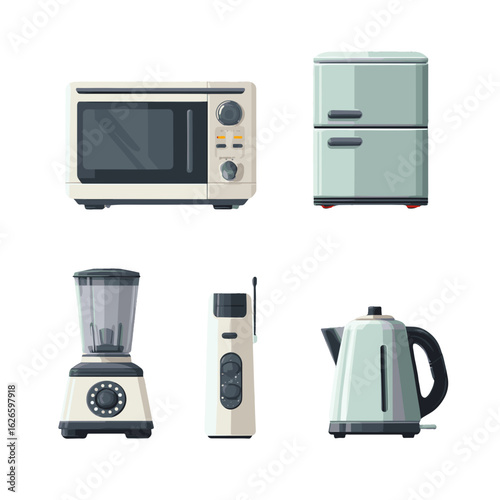 A set of household appliances: microwave, refrigerator, blender, hand blender, and kettle.