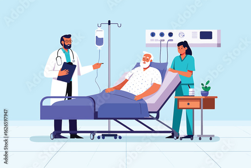 Doctor and nurse caring for an elderly patient in a hospital bed vector illustration.