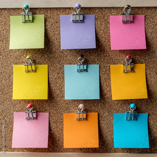 Nine colorful sticky notes pinned to a cork board isolated on white background