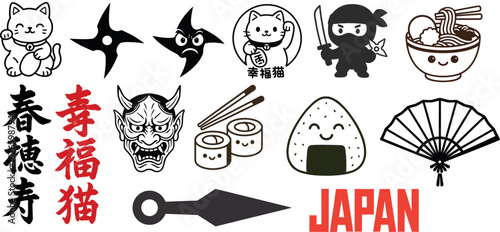 Japanese Culture Icon Set – Ninja, Sushi, Maneki Neko, Ramen, Oni Mask, Shuriken, Onigiri, Fan, Japan Vector Clipart