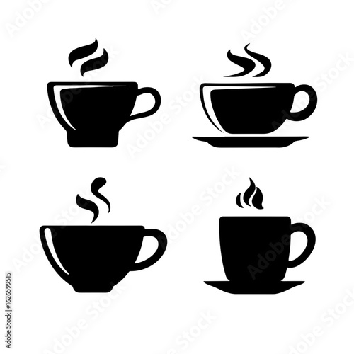 Collection of black coffee cups, each with a unique design, and steaming upwards.