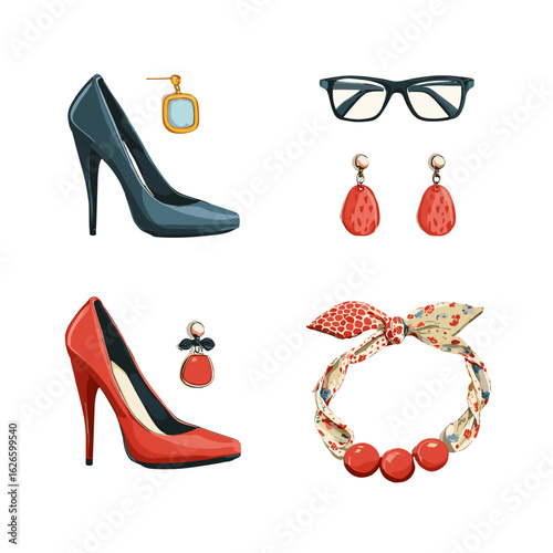 Fashion accessories, including high heels, glasses, and earrings.