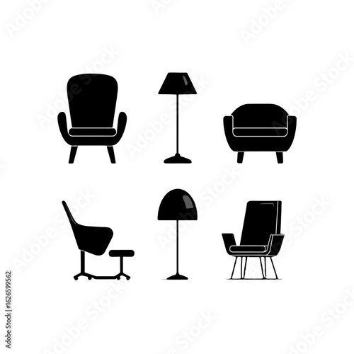 Stylish silhouette furniture set including chairs and lamps.