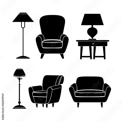 Set of silhouette furniture including chairs and lamps.
