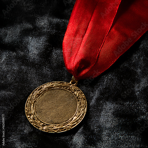 Gold medal with red ribbon isolated on white background